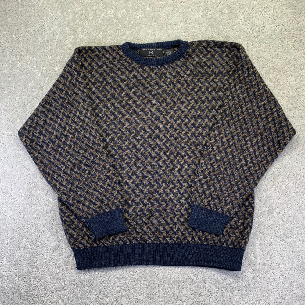 Vintage‎ Henry Grethel Design Sweater Mens Large Navy Tan Knit Crewneck Grandpa